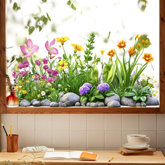 Potted Floral Plants Glass Sticker Removable Waterproof PVC Colorful Flower Static Glass Sticker Home Living Room Bedroom Decoration Decal