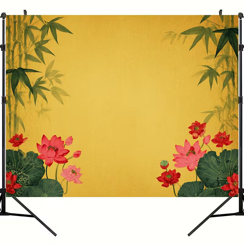 2D Yellow Lotus Bamboo Backdrop, Chinese Floral Background for Home & Event Decor