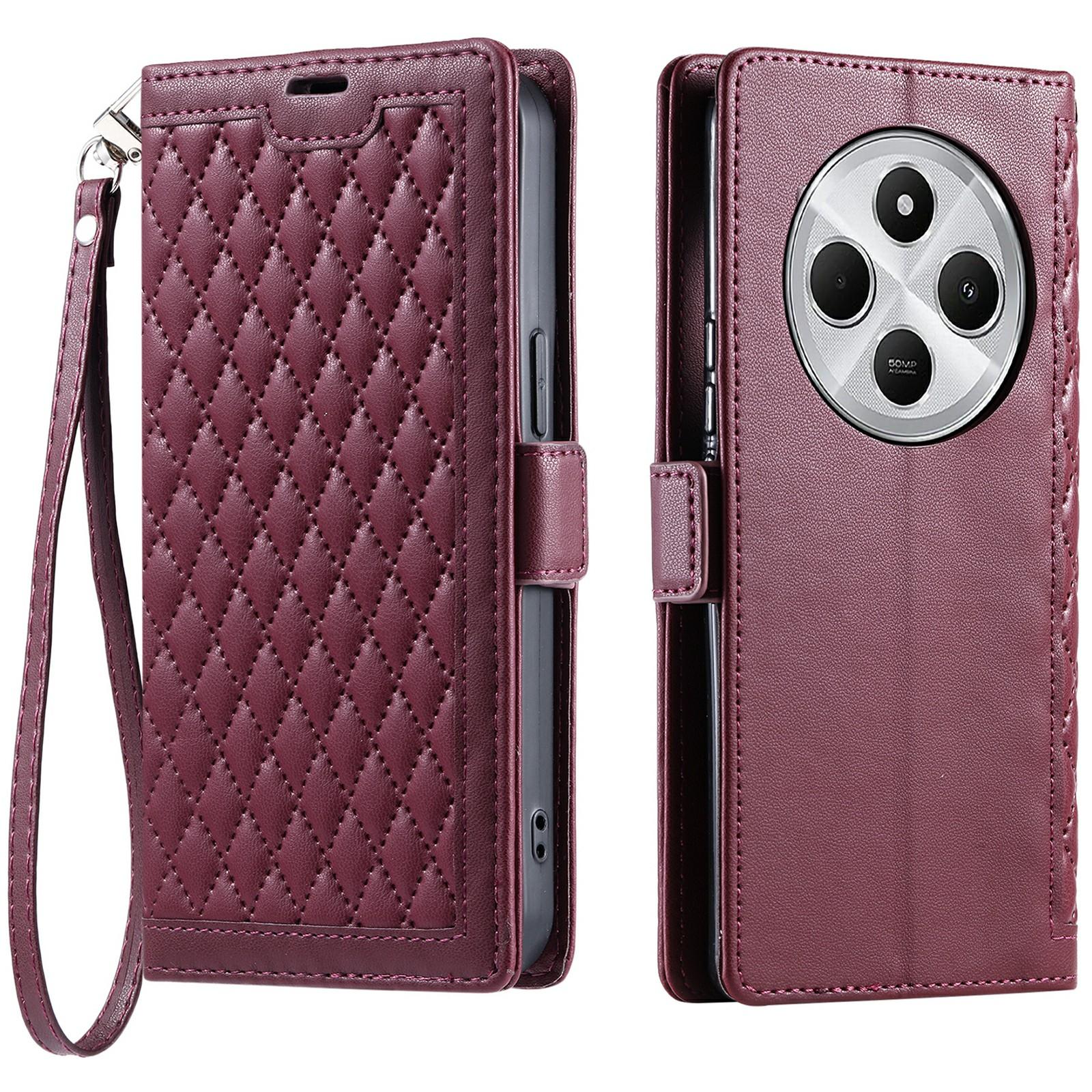 

Leather Case For Xiaomi Redmi 14C 5G/14C 4G/14R 5G/Poco C75 4G Rhombus Texture Wallet Stand Phone Cover with Wrist Strap Wine Red