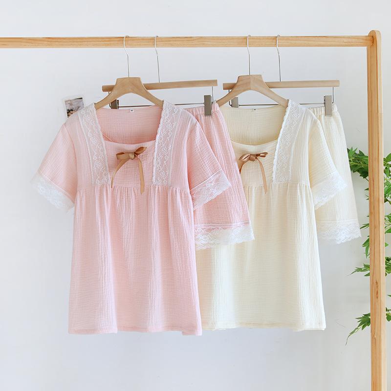 Nuovo Set Pigiama Estivo da Donna 100% Cotone Crêpe Dolce Maniche Corte Pantaloncini Set Due Pezzi Casual Casa Signore