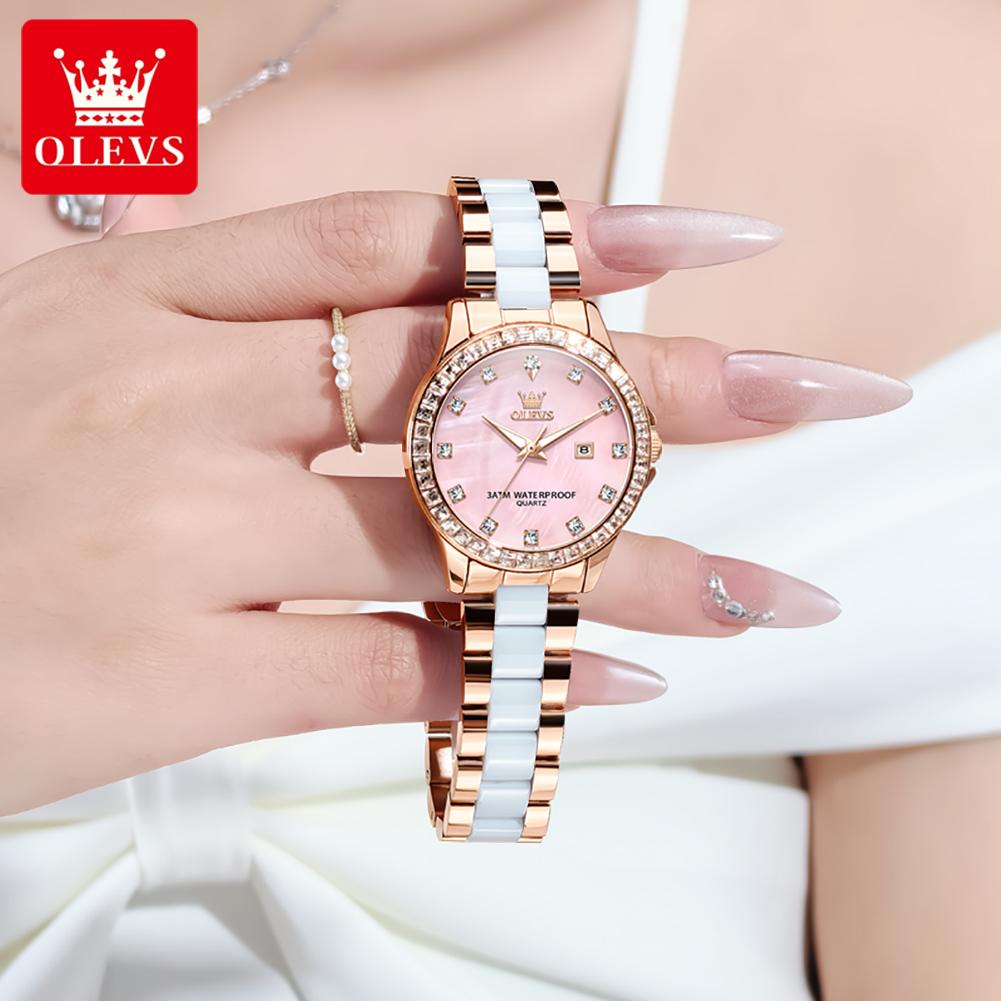 OLEVS Quartz Wristwatch Elegant Luxury Ceramics Strap Waterproof Auto Date Diamond Bezel Watch for Women