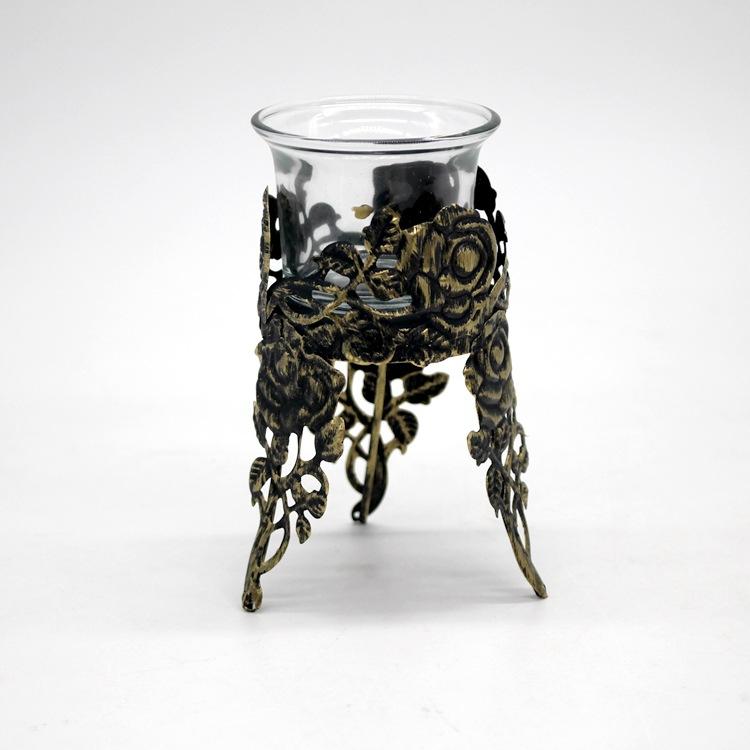 Dinner Atmosphere Decoration Iron Tealight Candle Cup Vintage Glass Old Carved Hollow Candlestick