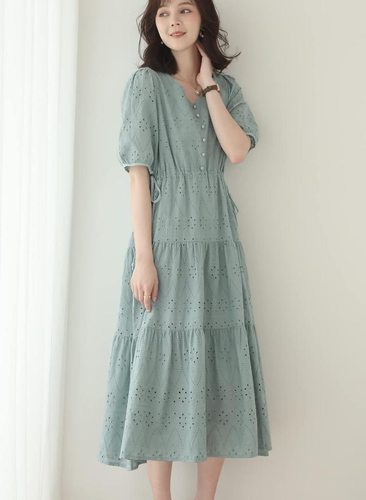 Sueeya Long Dress with Embroidered Short Puff High Stylish Perfect for and Outings in Summer Women's Lace, Sleeves, Ruffles, Sleeves, Waist, Ribbon,