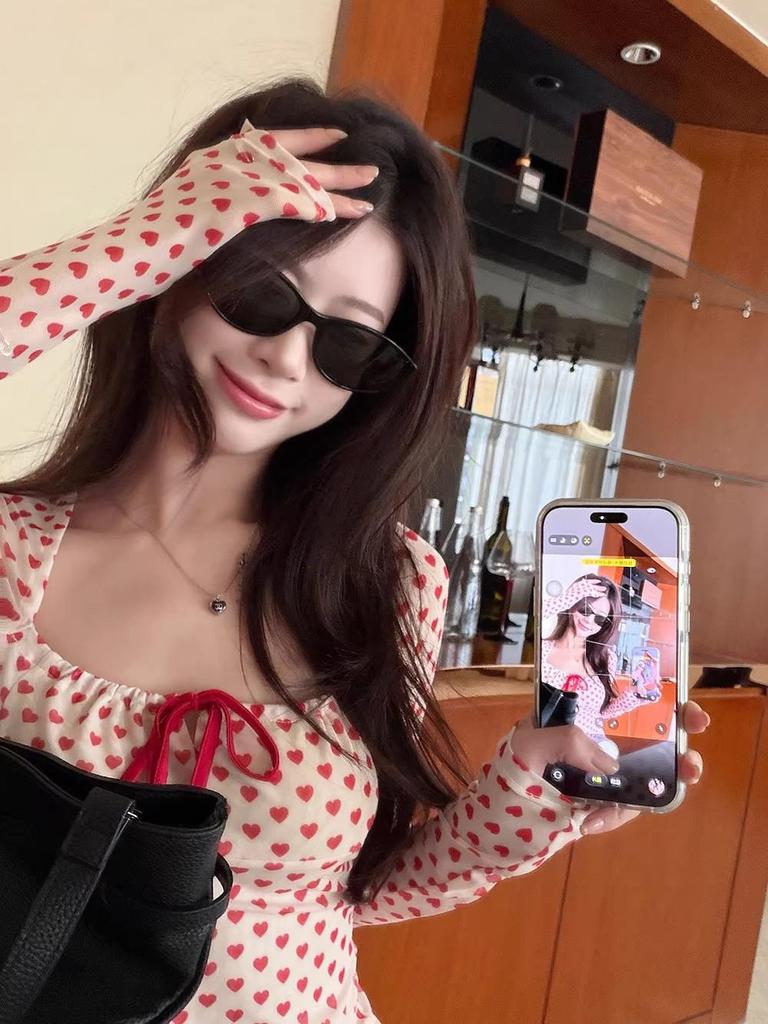 Korean Pink Heart Polka Dot Square Neck Long Sleeve Tee