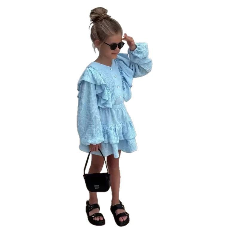 Set Principessa Due Pezzi in Cotone e Lino per Bambina, Primavera Autunno, con Camicia a Maniche Lunghe e Gonna Svasata per Bambini