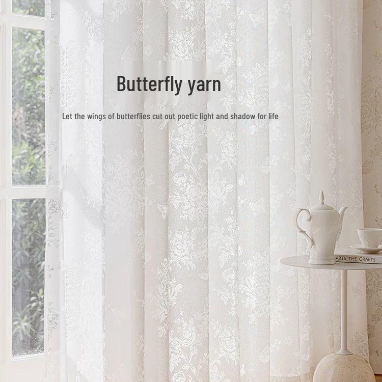 French Retro Lace Jacquard Blackout Curtains with Butterfly Design - Sheer White Style for Living Room & Bedroom