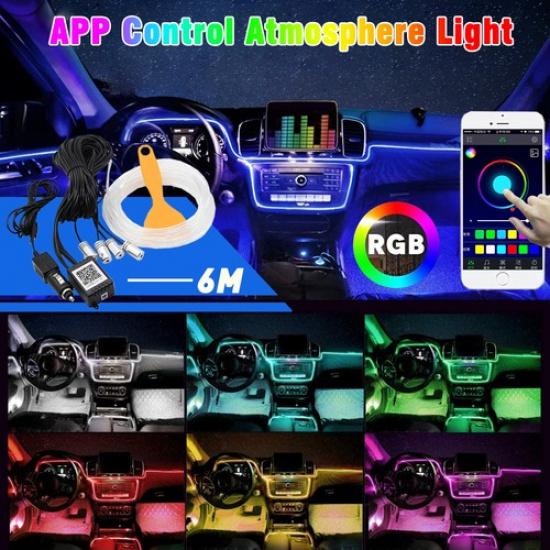 

6M RGB LED APP Interior Car Fiber Optic Neon Wire Strip Atmosphere Light Kit D