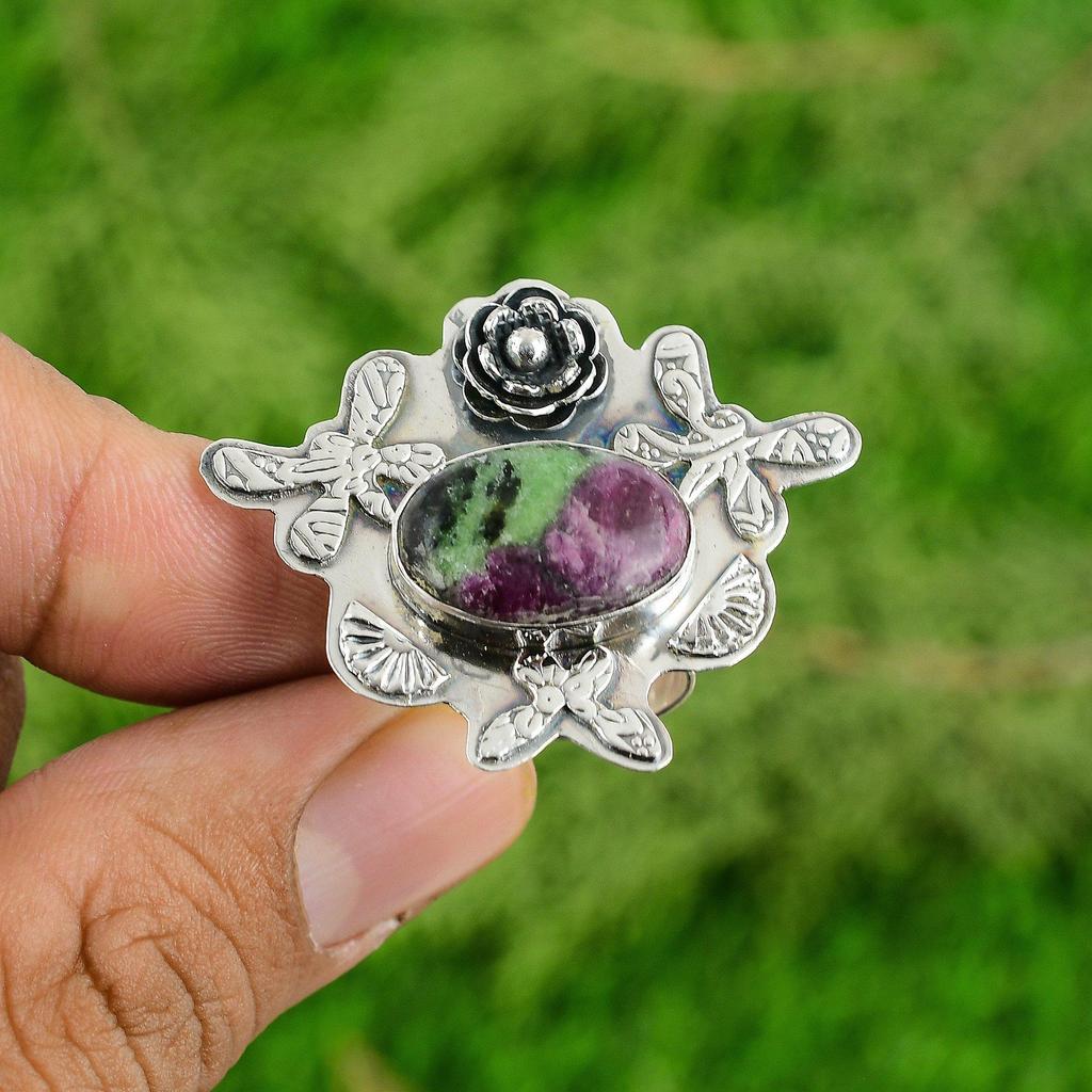 Gift For Women Promise Flower Adjustable Ring 925 Silver Natural Ruby Zoisite