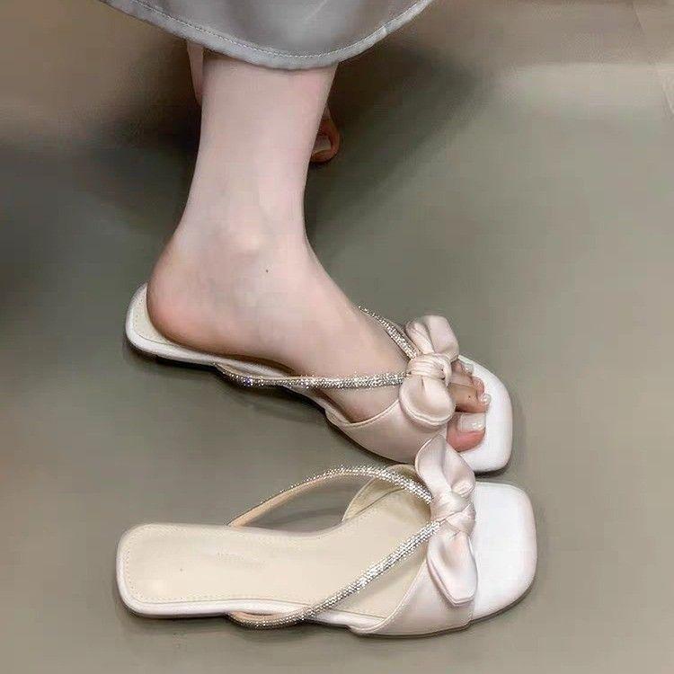 Summer new cool slippers women's bow rhinestone strap thick heel versatile sweet gentle square head one-word drag