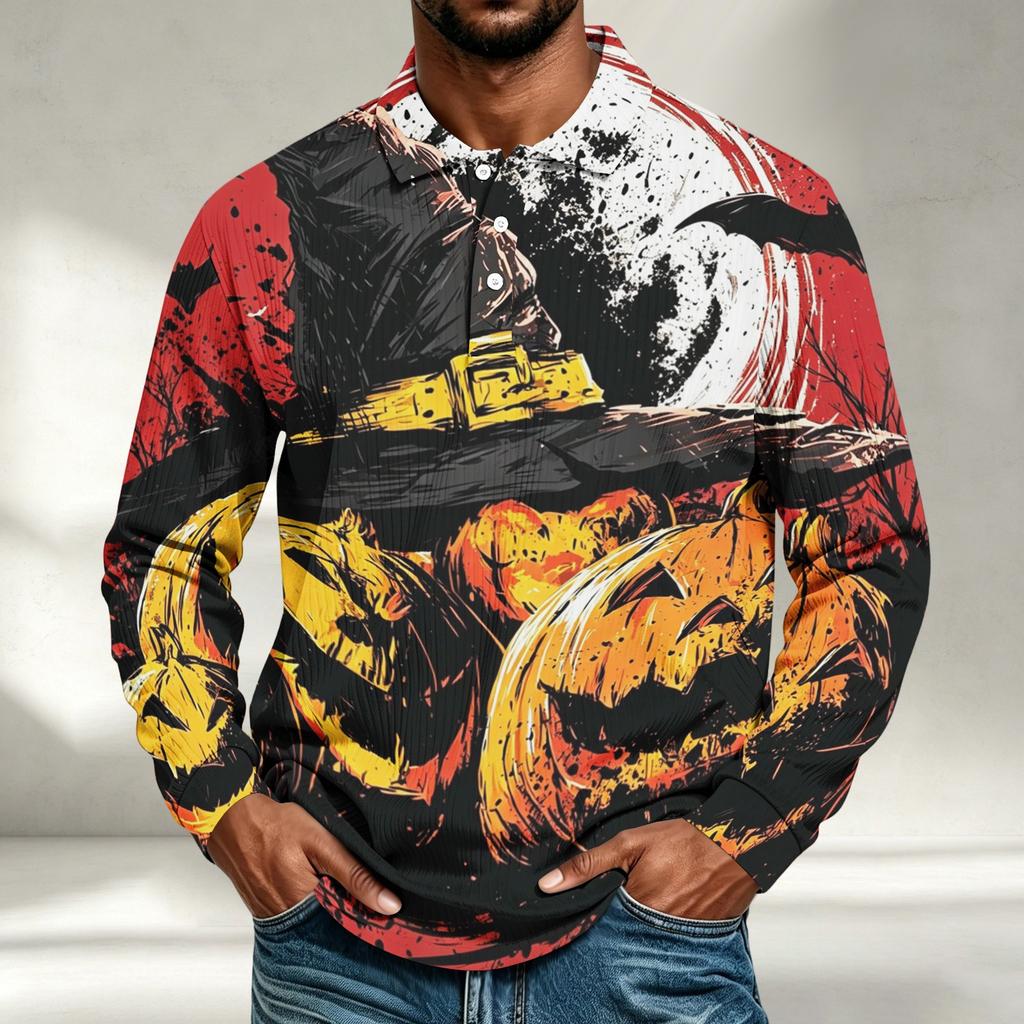Men's Casual Halloween Print Long Sleeve Shirt Loose Fit