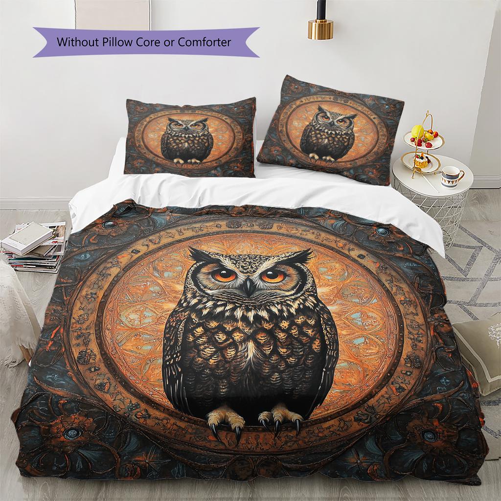 Retro Patterned Owl  Pattern Bedding Quilt Set Quilt Cover Pillowcase Home Decoration  Gift (1 * Duvet Cover + 2 * Pillowcase, Without Core)