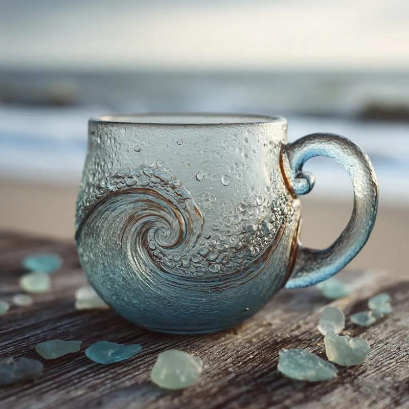 Sea Glass Wave Mug 12 Oz Handblown Ocean Wave Glass Mug Cup Unique Textured Beach Theme Mug For Tea Wine Handcrafted Sea Inspire