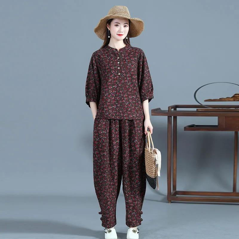 

Весенне-летний женский костюм большого размера из хлопка и льна в этническом стиле, топ с рукавами три четверти, свободные шаровары, комплект из двух предметов