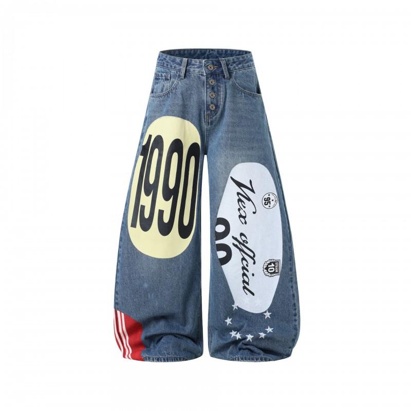 American Hip Hop Graffiti Print Denim Shorts Loose Wide Leg Jeans Teens