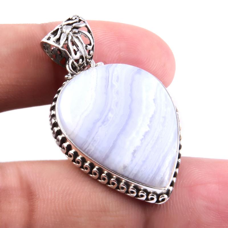 Natural Blue Lace Agate Gemstone 925 Solid Sterling Silver Pendant 1.5" K4M14