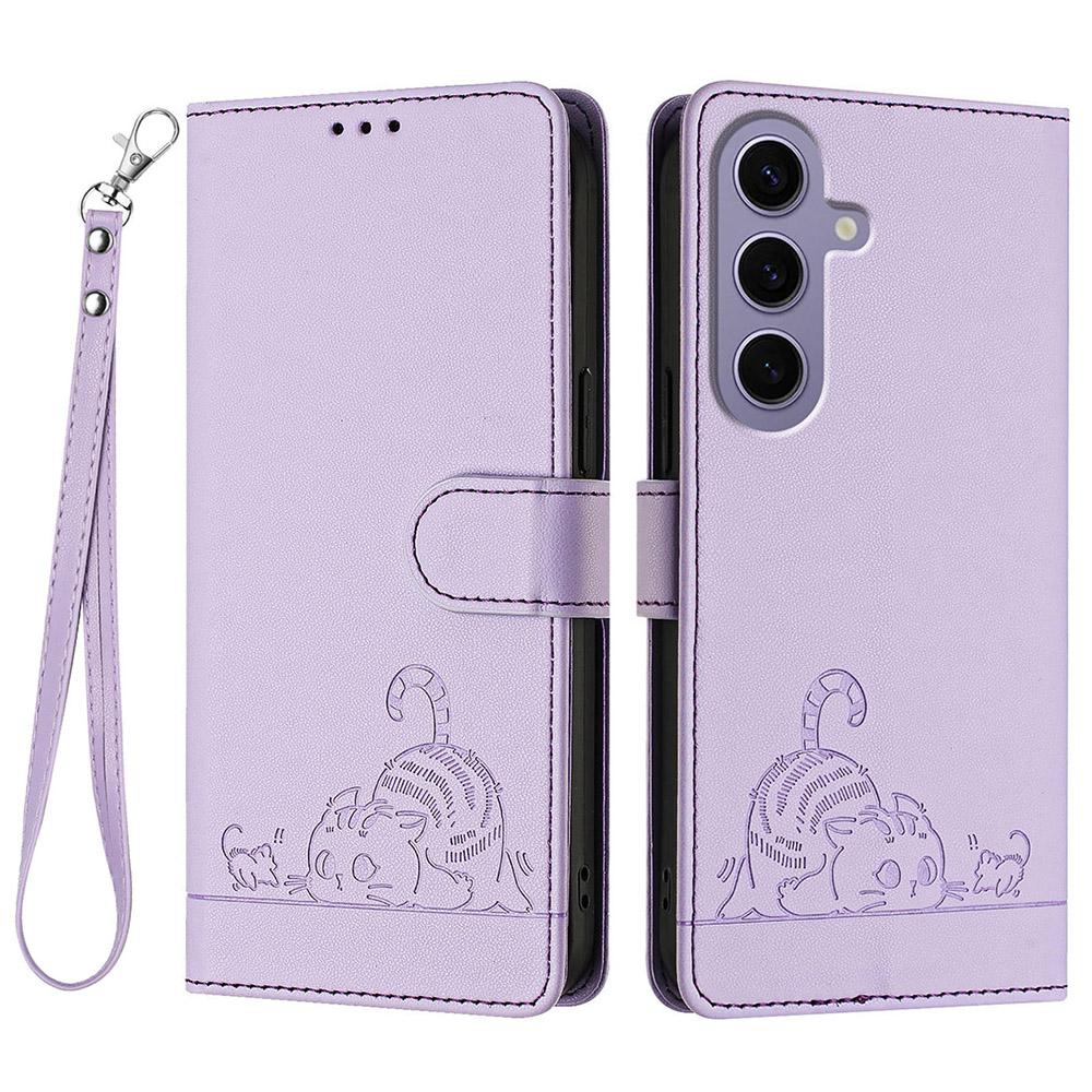 For Samsung Galaxy S24 Case with Strap RFID Blocking Leather Wallet Phone Cover Cat Mouse Pattern