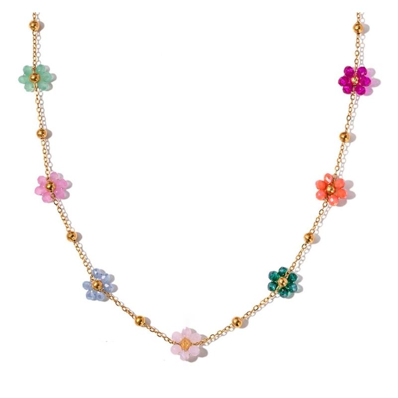Colorful Flower Bead Necklace and Bracelet Set Fashionable Sturdy Steel Jewelry Accessory for Trendy Women Ladies
