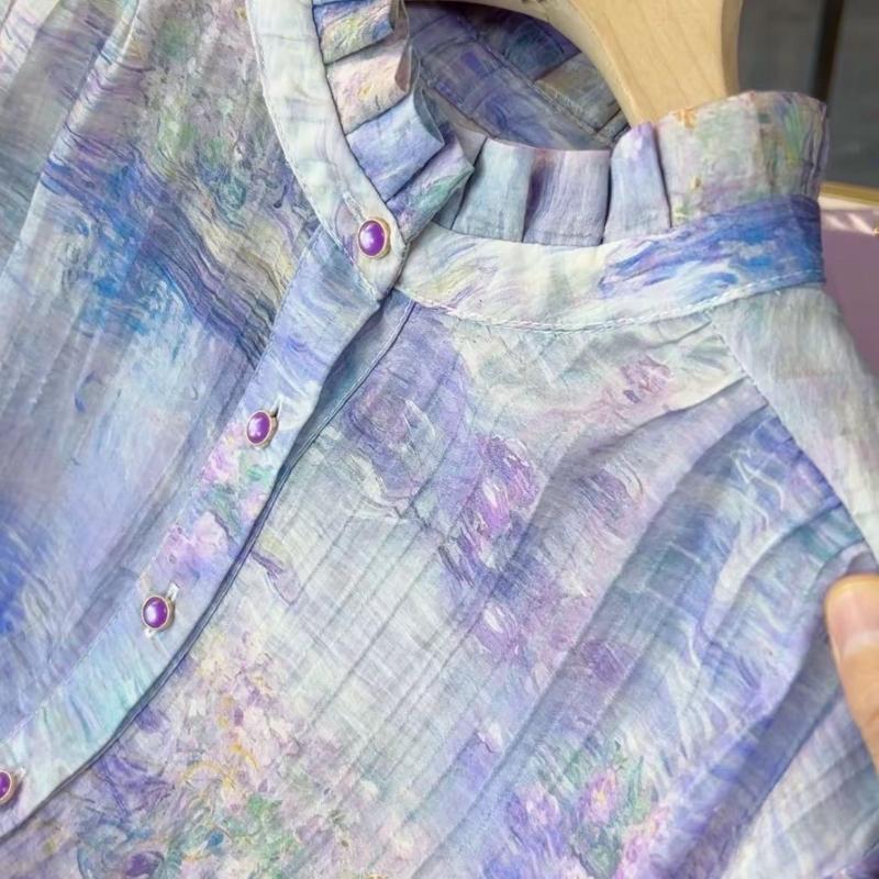 Smudge-dye Stand-up Collar Long-sleeved Shirt for Women New Autumn Design Slimming Top