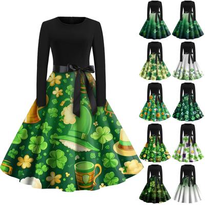 Women's Fashion Round Neck Casual Slim St Patrick's Day Printed Long Sleeve Dresses