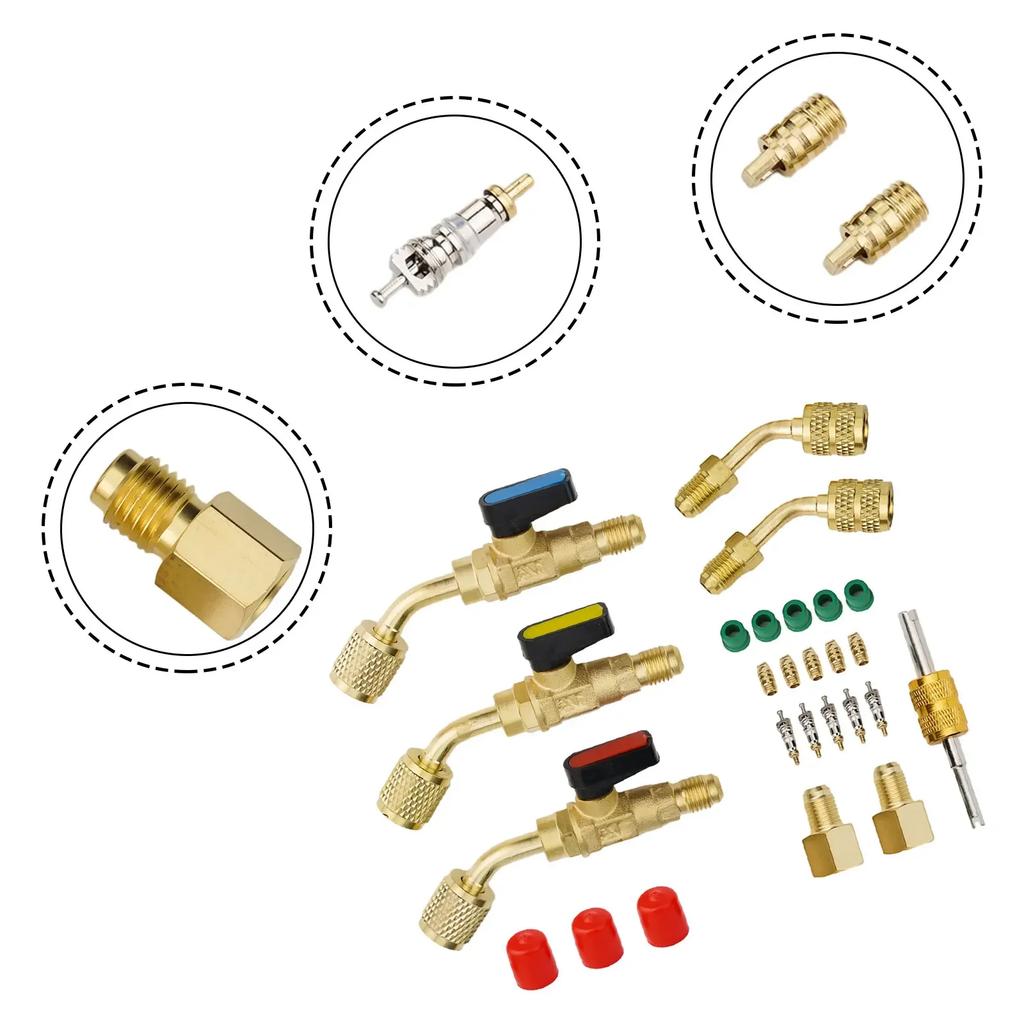 R410A R134A R22 AC HVAC Angle Compact Ball Valve Kit, Strong Earth Copper Construction, 45 Degree Angle Design
