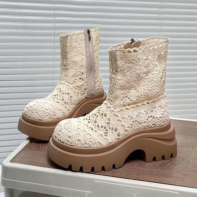 Mesh Ankle High Heel Modern Boots Summer New Solid Round Toe Shoes Female 2025 High Quality Square Heel Breathable Women's Boots