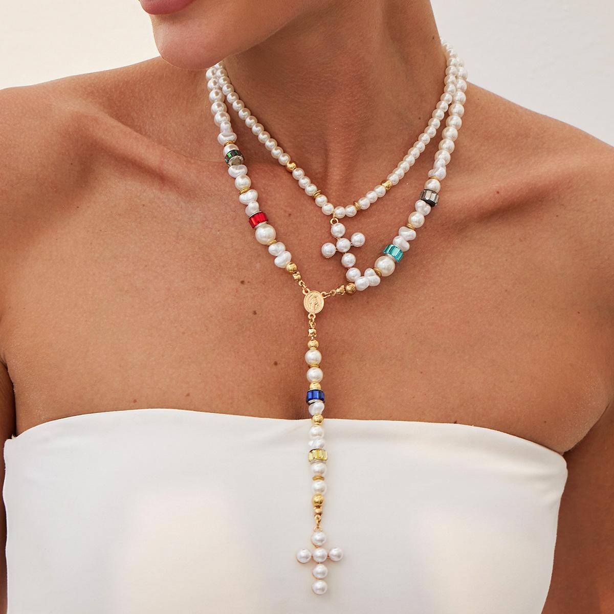 Дизайн Имитация Жемчуга Крест Ожерелье Женское, Нишевый Стиль Цветной Бусины Ключица Цепочка Ожерелье