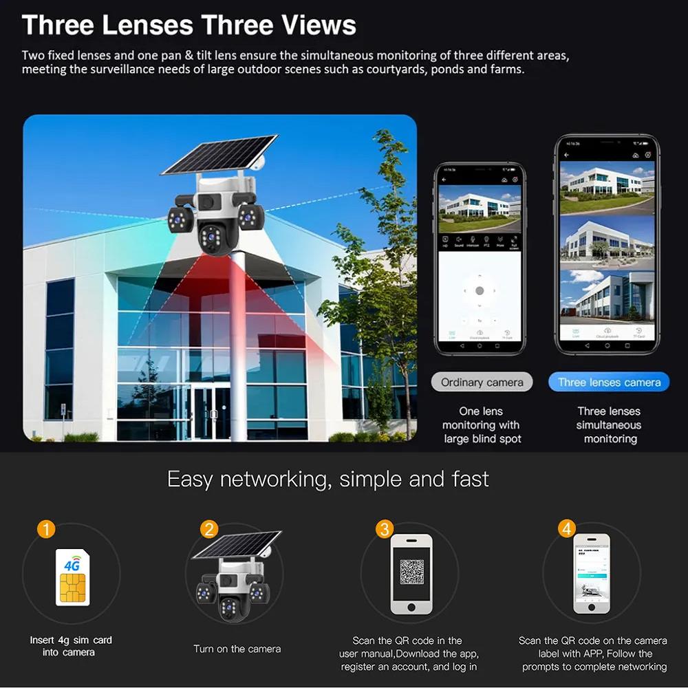 Solar-Sicherheitskamera WIFI/4G Drei-Bildschirm Mobiltelefon Fernbedienung HD Automatische Ladekamera Außenbereich