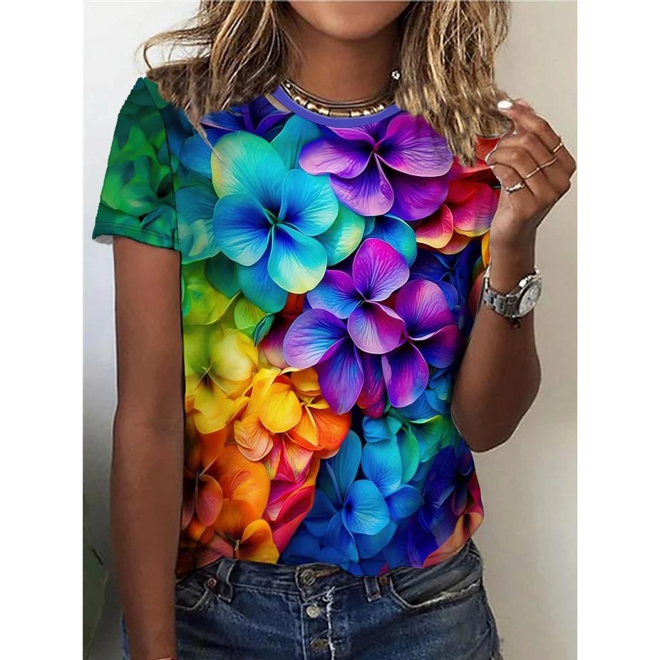 Damski T-shirt Wzór Motyla i Kwiatów Nadruk - Wygodny Krótki Rękaw Okrągły Dekolt Moda Druk 3D