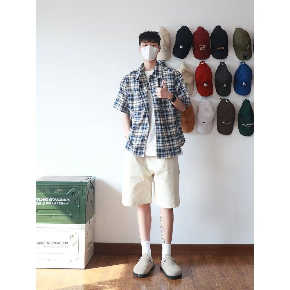 Kariertes Hemd Herren Sommer Japanisch Retro Locker Lässig Fünfviertelärmelhemd Amerikanische High Street Trendmarkenjacke