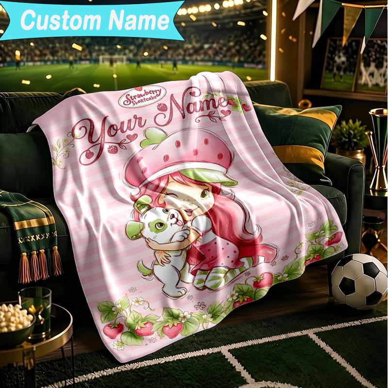1PC Custom Name Blanket Straw-berry Sweet Moment Flannel blankets Patterns Throw Blanket All-Season Soft Gift for Couch, Bed, Camping, Birthday gifts