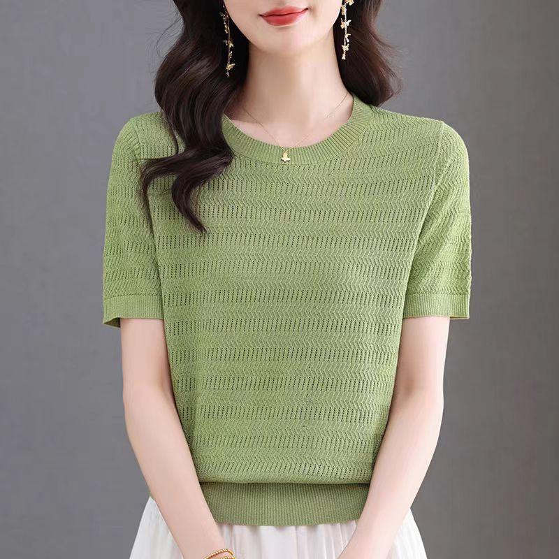 Women's Ice Silk Knitted Bottom Shirt Round Neck Loose Thin Short Sleeve T-shirt Hollow Top