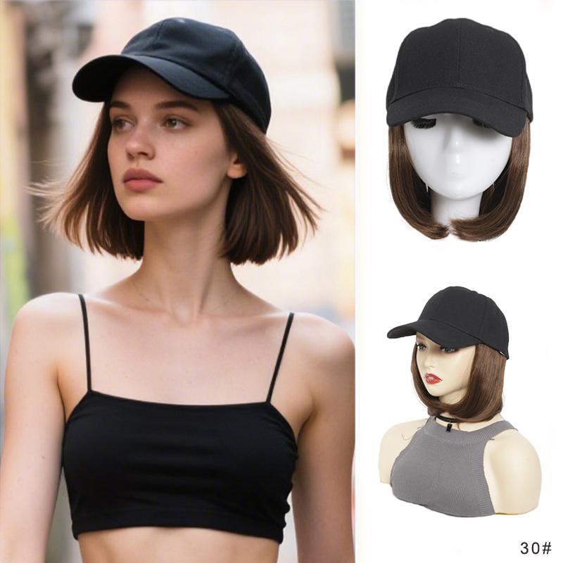 Hut Perücken Kurze Gerade Bob Frisur Perücke mit Basecap für Damen Synthetische Hitzebeständige Haar Perücken mit Verstellbarem Hut