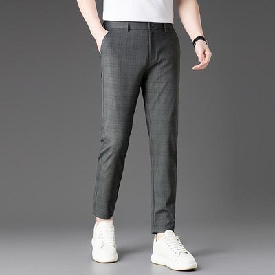 2026 Men's Slim Fit Cotton Linen Plaid Cropped Pants - Spring/Summer Korean Style Casual Wear