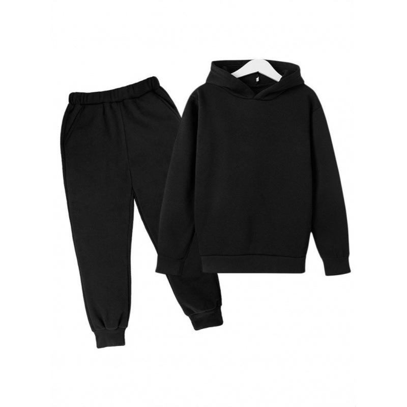 2025 Autumn Fleece-lined Kids' Solid Color Hoodie Set with Logo