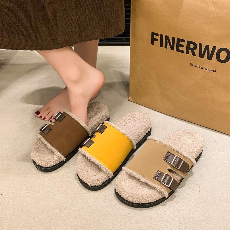 Fashion House Slippers Platform Flat Shoes Female Luxury Slides Flock Low Fur Flip Flops Designer Plush Rome with Fur Rubber Fashion Bas