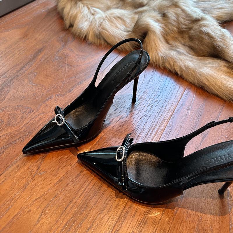 High-heeled sandals women's new spring and autumn thin heels pointed bows rhinestone feeling single shoes with skirts women's shoes