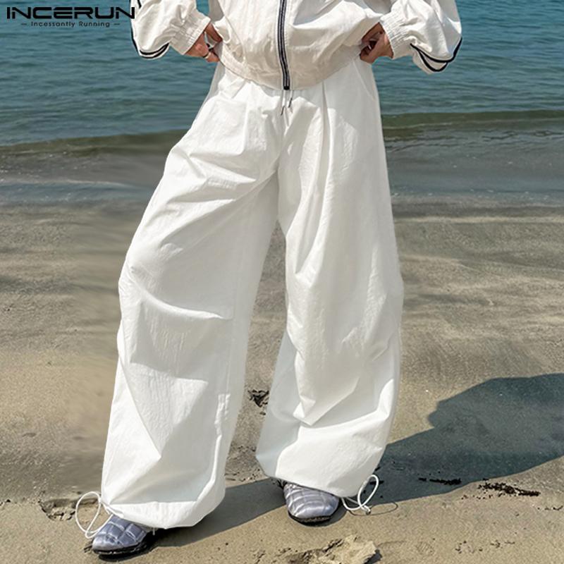 INCERUN Men Pants Casual Elastic Waist Long Ruffled Cargo Trousers
