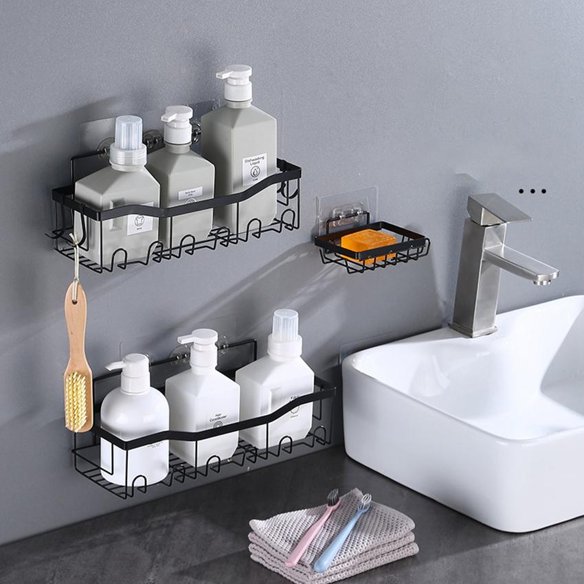 Bathroom Shelf Wall No-Punch Organizer Metal Storage Accessories Soap Holder Toothpaste Holder Bathroom Storage Unit Combo Set