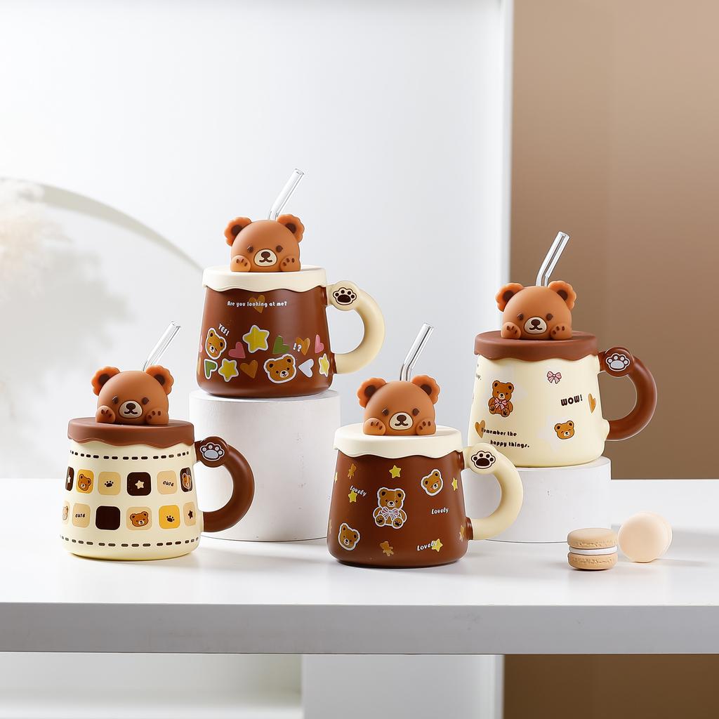 High Value Bear Straw Cup with Handheld Ceramic Cup Cute Creative Personality Mug Breakfast Milk Cup Office Cup