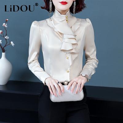 İlkbahar Sonbahar Yeni Düz Renk Dik Yaka Uzun Kollu Düğmeli Gömlek Kadın Moda Fırfırlı Günlük Her Şeye Uyumlu Ofis Hanımı Üstler