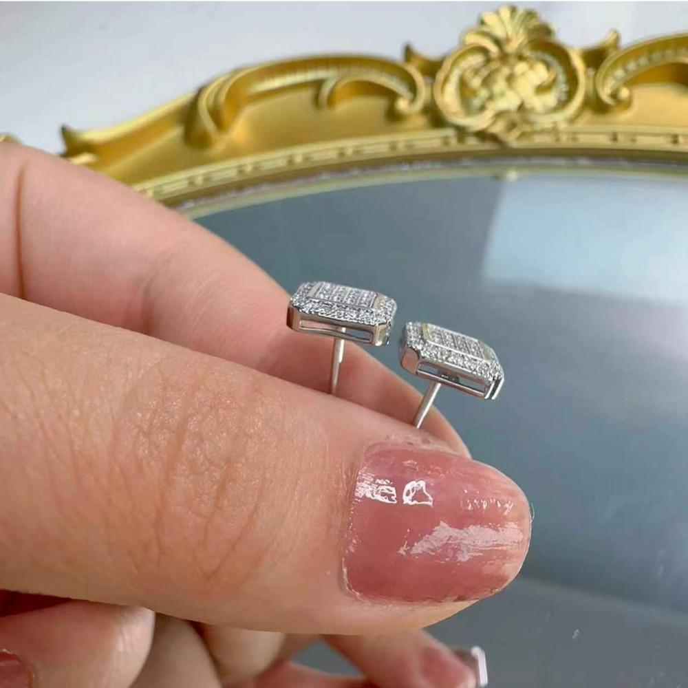 Square Double Layer Iced Out Moissanite Stud Earrings Copper Hip Hop Jewelry For Men Women
