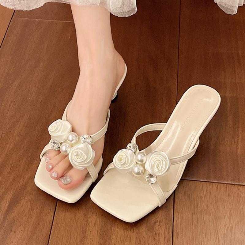 Fashion Pearl Flower Women Slippers Square Toe High Heels Shoes Luxury New Sandals Designer 2025 Summer Sexy Dress Party Woman Pumps