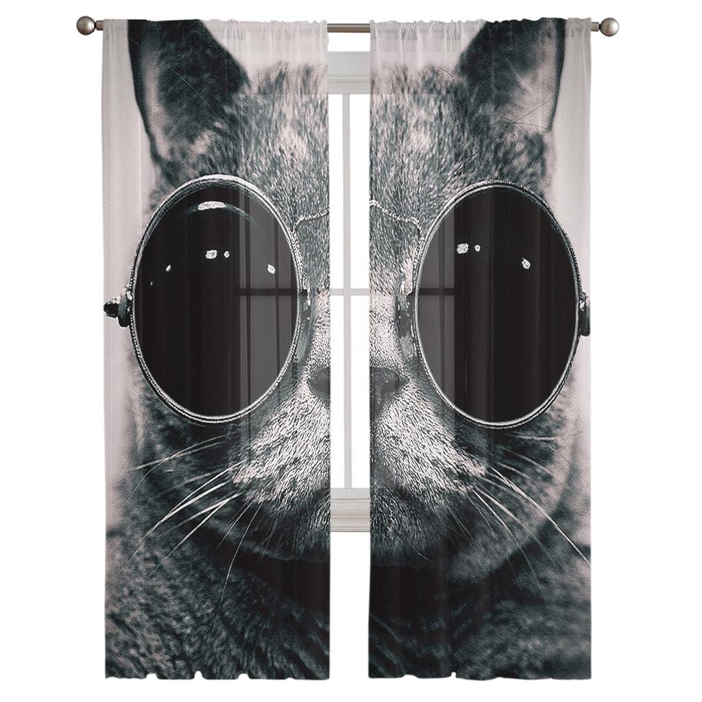 Cat With Glasses Chiffon Sheer Curtains for Living Room Bedroom Home Decoration Window Voile Tulle Curtain Drapes