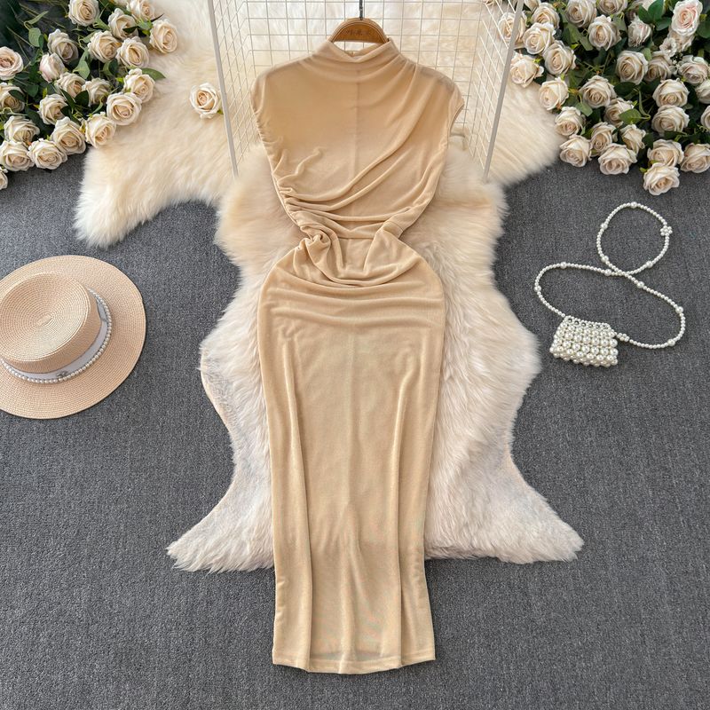 like Woman Dress Goddess Temperament Elegant with Small Highlights Pleated Waist Tight Slim Looking Half Turtleneck Bodycon Dress Fashion Long Dress