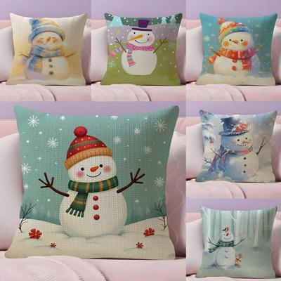Snowman Cute Cushion Cover Natural Linen Pillow Case DoubleSided Print Decorative Sofa Pillowcase Home Decor Gift