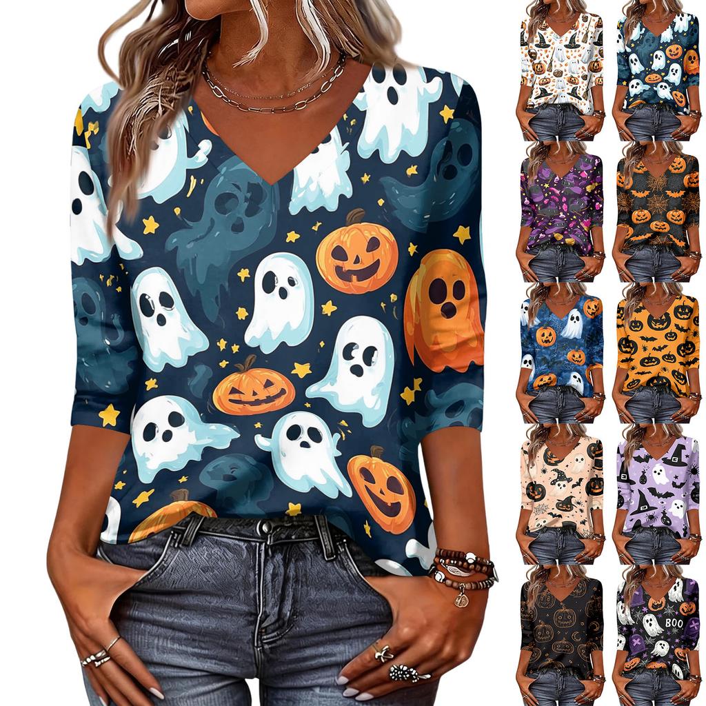 Womens Halloween Print V Neck Top Three Quarter Sleeve Casual Shirt Lightweight Soft Fabric Relaxed Fit Comfortable Everyday Wear