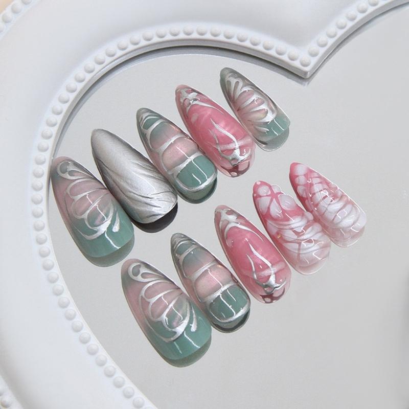 24Pieces Glossy False Nail Featuring 3D Waves Silver Icy Butterfly Pearls Effect Easy Application Design