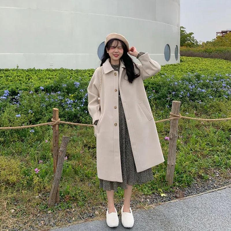 Jachetă lungă, neagră, caise, pentru femei, groasă de iarnă, în stil coreean, catifea, de lungime medie, de lână, jachetă solidă pentru damă de birou