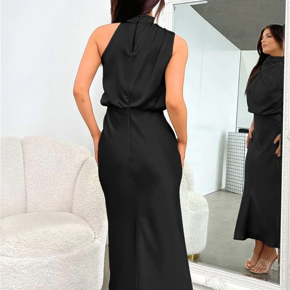 Pure Color Sleeveless Skirt Satin Silk Holiday Party Dress Fashion Long Evening Dress  Club