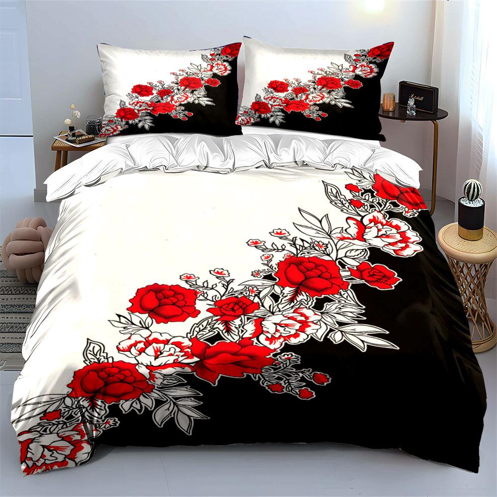 Red Flowers with Black-and-white Background Bedding Set for Kids Luxury Gift 3pcs Digital Print Comforter Set Soft Comfortable
